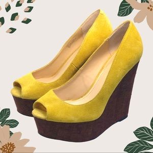 SHOEMINT - Yellow Suede Wedge Heels - Size 8.5